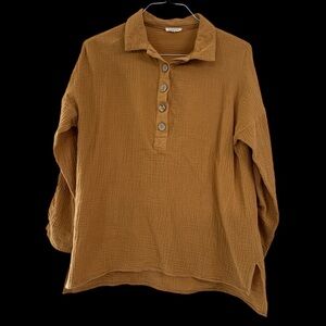 Jodifl mustard gauze half button roll sleeve top Small